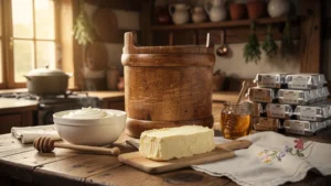 Beurre de baratte local artisanal sur une planche en bois dans une cuisine rustique