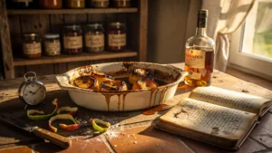 Pommes normandes trop cuites au four dans un plat en céramique rustique