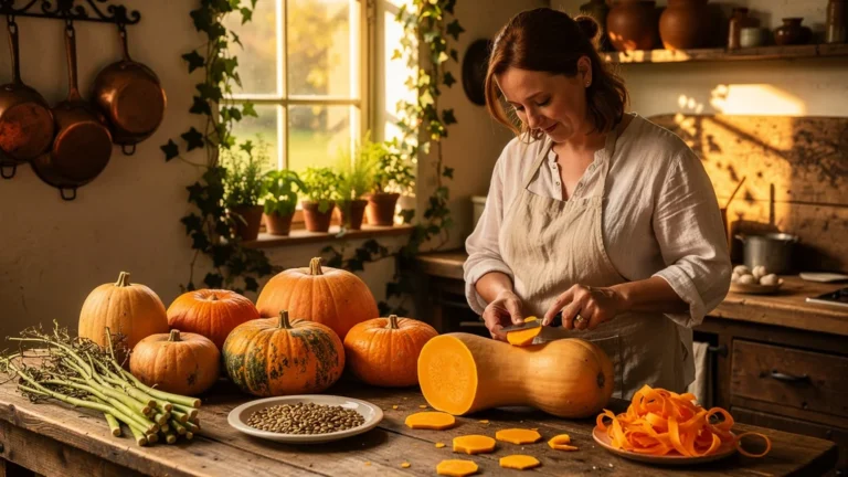 Femme cuisinière préparant une courge du potager, illustrant l'art du zéro déchet en cuisine