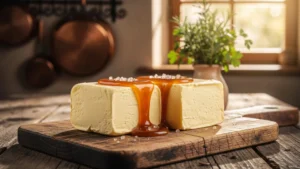 Deux beurres normands luxueux avec caramel au beurre salé brillant sur planche en bois rustique