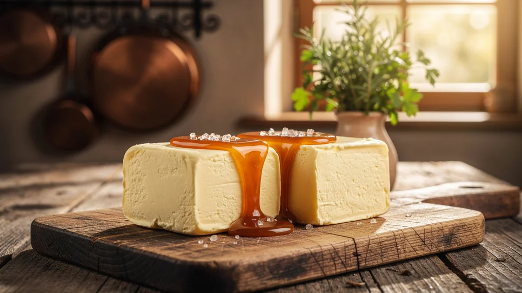 Deux beurres normands luxueux avec caramel au beurre salé brillant sur planche en bois rustique