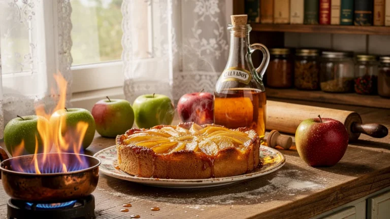 Tarte normande aux pommes flambées au calvados en gros plan dans une cuisine rustique française