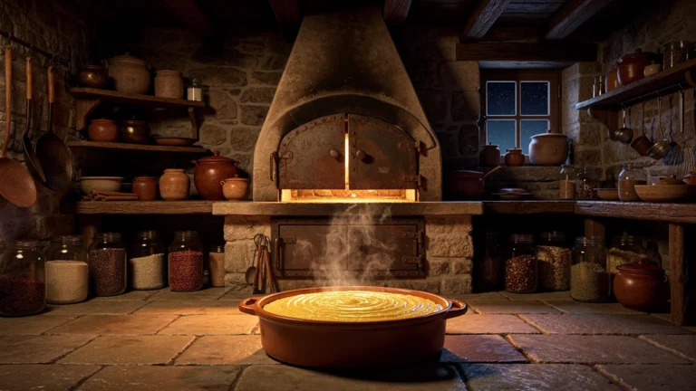 Four traditionnel breton la nuit avec un plat en terre cuite de teurgoule en cuisson lente