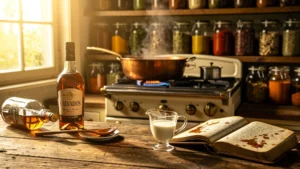 Cuisine réaliste avec sauce fade et Calvados versé hors du feu sur un plan de travail en bois