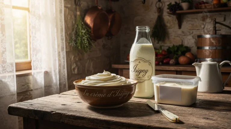 Crème d'Isigny on rustic wooden table, incomparable quality vs ordinary cream, cuisine traditionnelle française