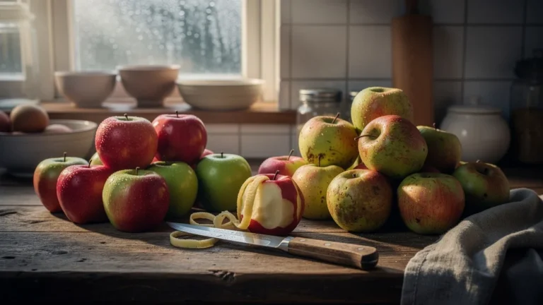Photo hyper-réaliste d’un couteau à côté de pommes à cuire et pommes à couteau pour desserts