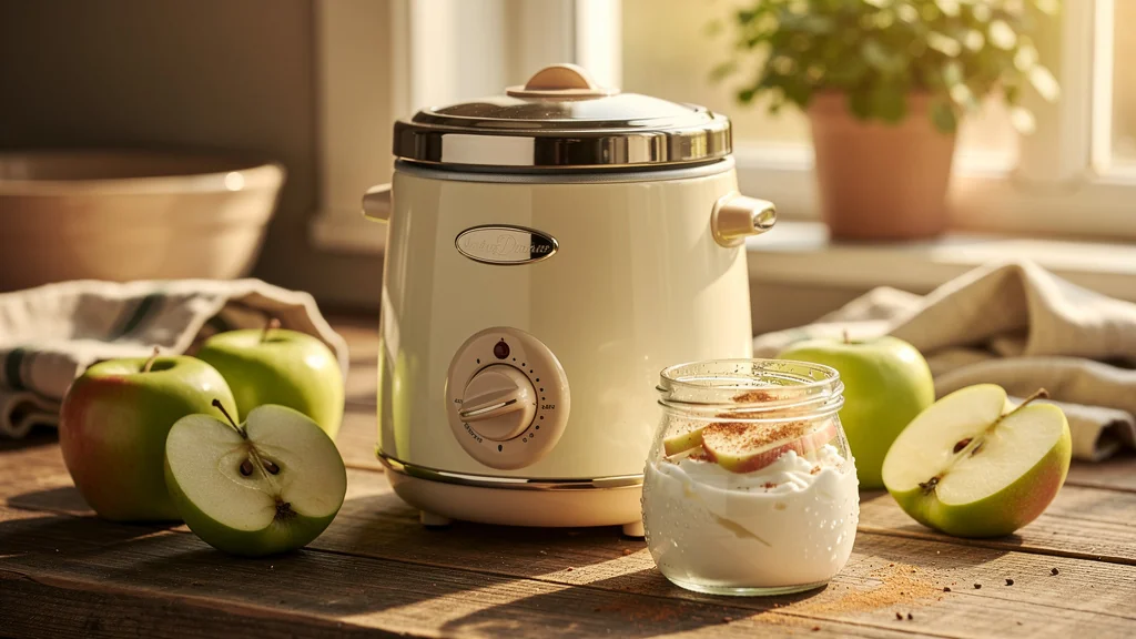 Yaourtière vintage sur un plan de travail avec yaourt maison à la pomme du verger en cuisine chaleureuse
