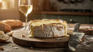Camembert cuit au four mal doré sur planche en bois dans cuisine rustique, décevant visuellement
