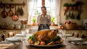 Poulet vallée d'Auge rôti doré sur une table rustique, symbole d'un dimanche de cuisine réussie