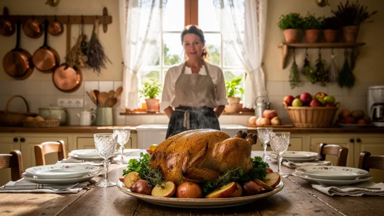 Poulet vallée d'Auge rôti doré sur une table rustique, symbole d'un dimanche de cuisine réussie