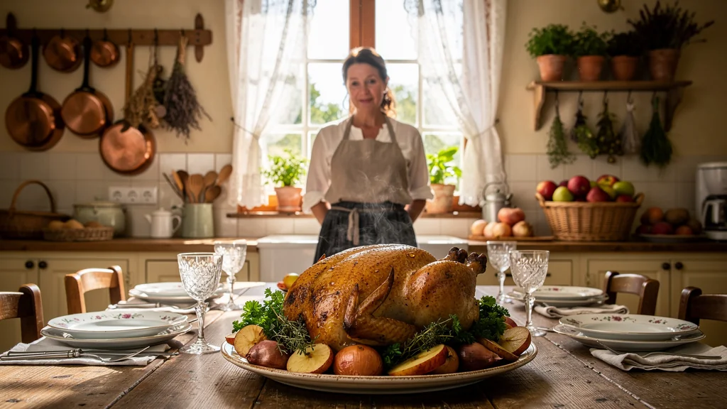 Poulet vallée d'Auge rôti doré sur une table rustique, symbole d'un dimanche de cuisine réussie