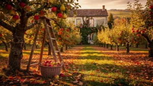 Verger d’automne à Giverny avec pommes mûres et lumière dorée salvatrice pour tartes maison