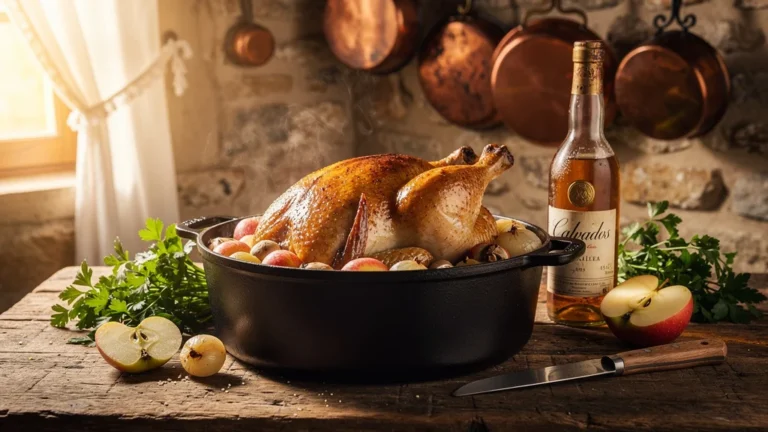 Cocotte en fonte avec poulet vallée d'Auge doré et légumes, scène de cuisine rustique française authentique