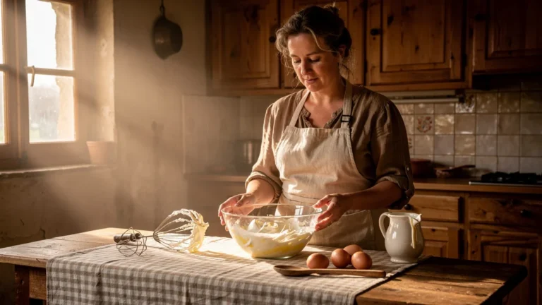 Femme cuisinière de 42 ans observant sa première crème normande montée qui a tourné en cuisine rustique
