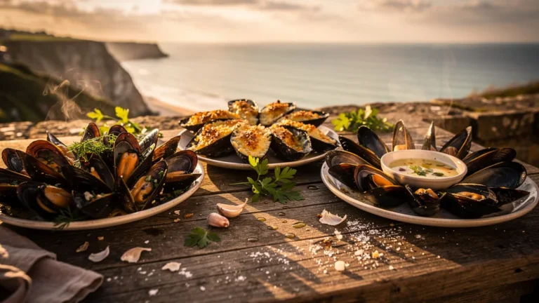 Photographie hyper-réaliste de moules de Barfleur préparées de trois façons sur une table en terrasse face à la mer