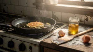 Crêpes collantes dans une poêle sans beurre clarifié, scène de cuisine réaliste et chaleureuse