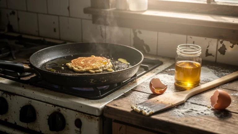 Crêpes collantes dans une poêle sans beurre clarifié, scène de cuisine réaliste et chaleureuse