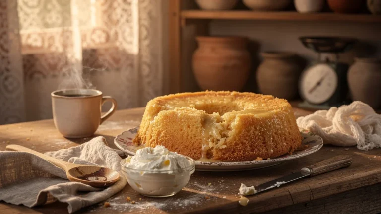Gâteau normand détrempé par le fromage blanc non égoutté dans une cuisine rustique réaliste