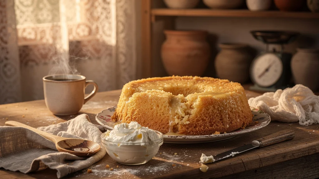 Gâteau normand détrempé par le fromage blanc non égoutté dans une cuisine rustique réaliste