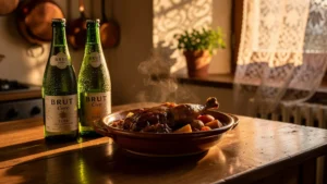 Civet de lapin avec deux cidres bruts de l'Eure sur table en bois rustique, ambiance chaleureuse et réaliste