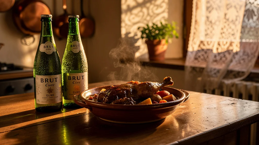 Civet de lapin avec deux cidres bruts de l'Eure sur table en bois rustique, ambiance chaleureuse et réaliste