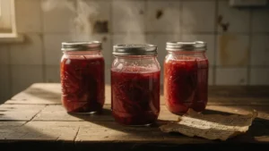 Trois pots de confiture de rhubarbe perdus par un défaut de stérilisation sur une table en bois rustique