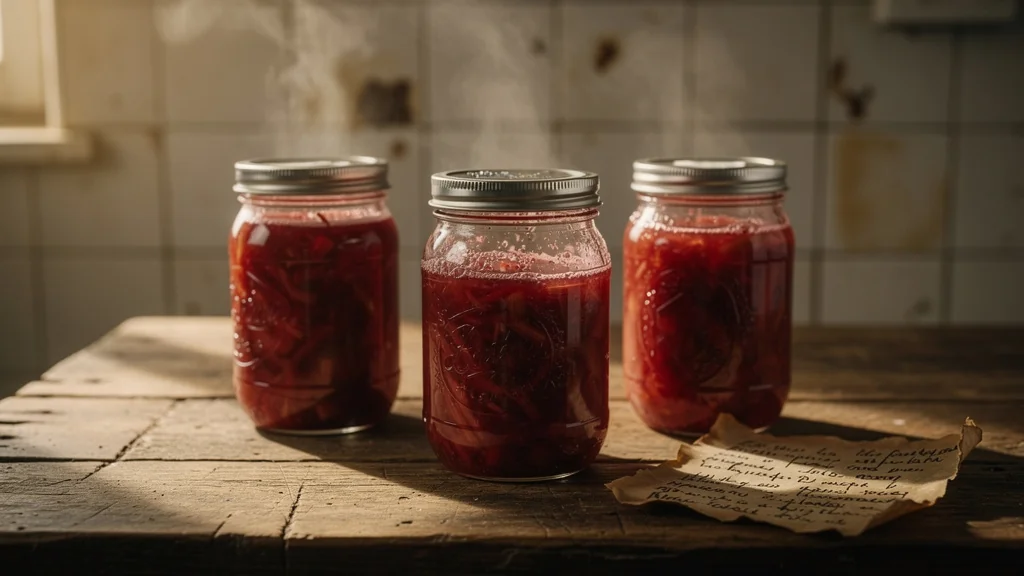Trois pots de confiture de rhubarbe perdus par un défaut de stérilisation sur une table en bois rustique