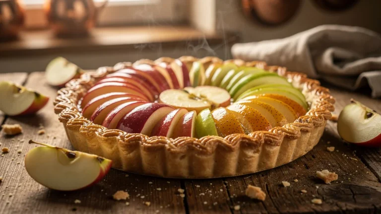 Tarte aux trois variétés de pommes normandes, fond de table en bois rustique, lumière naturelle chaude