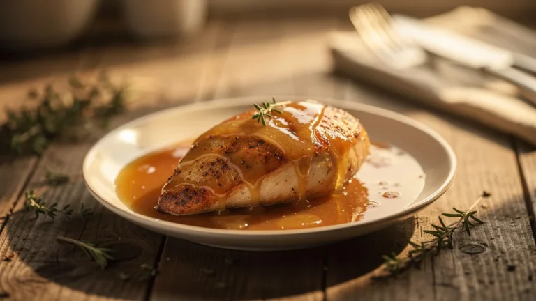 Assiette de volaille nappée d’une sauce au cidre trop abondante écrasant le goût délicat