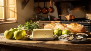 Beurre normand artisanal et ingrédients frais pour une cuisine normande d'exception en cuisine rustique