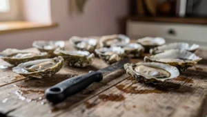 Couteau à huîtres bon marché avec une douzaine d’huîtres fraîches de Normandie ouvertes sur table en bois rustique