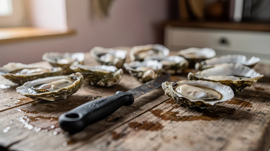 Couteau à huîtres bon marché avec une douzaine d’huîtres fraîches de Normandie ouvertes sur table en bois rustique