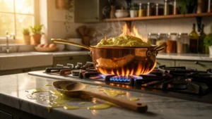 Sauce normande tranchée dans une casserole en cuivre sous un feu trop vif en cuisine réaliste