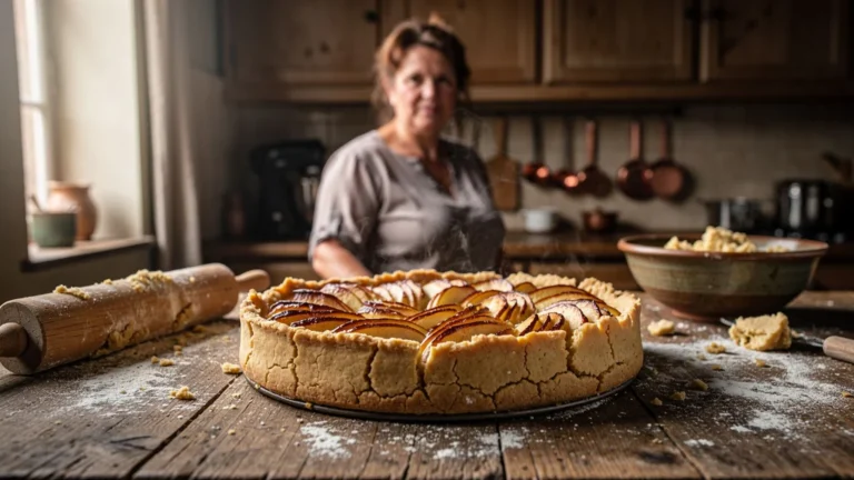 Tarte aux pommes avec pâte sablée trop travaillée durcie et craquelée sur table en bois rustique